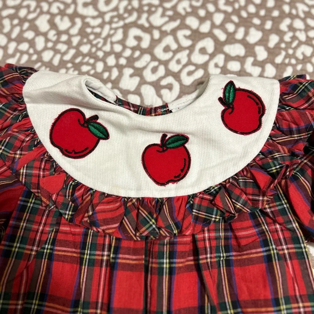 Rare‎ Editions White and Red Plaid Baby Romper with Apple Accent